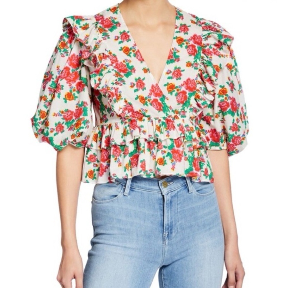 Rhode Elodie Floral Print Ruffle Cropped Blouse
